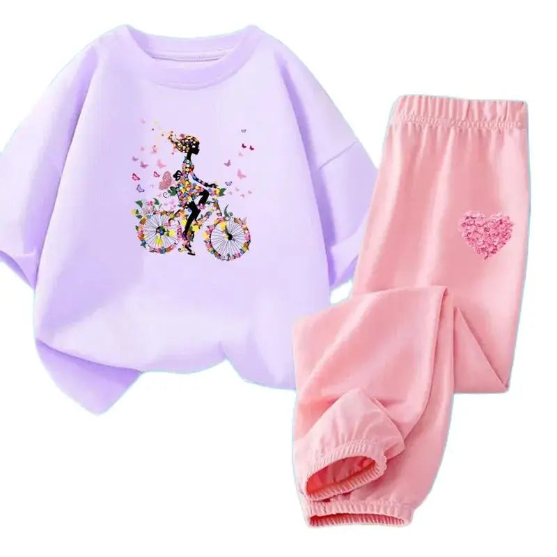 Teens Girls' 2-Piece Fashion Outfit: Princess Short Sleeve T-Shirt and Long Pants Tracksuit Set
