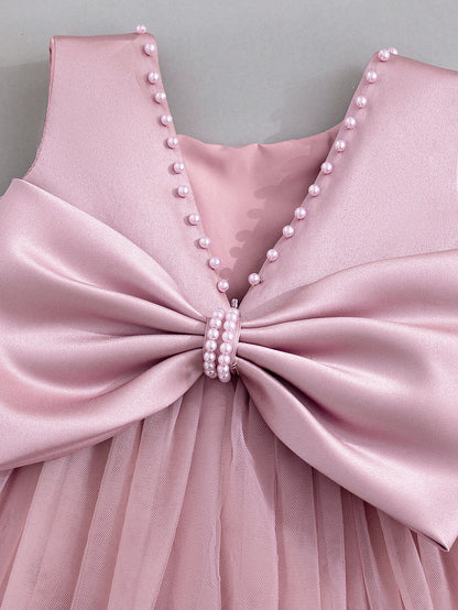 Princess Flower Girls Dresses Pink Sleeveless Bow Satin Wedding Kids Dresses With Pearl For Baby Girls