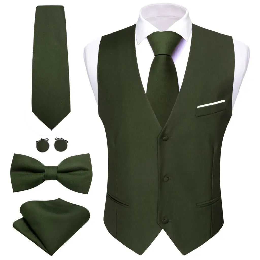 Designer Men's Vest Solid Silk Satin Waistcoat Tie Bowtie Hanky Set
