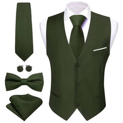 Designer Men's Vest Solid Silk Satin Waistcoat Tie Bowtie Hanky Set