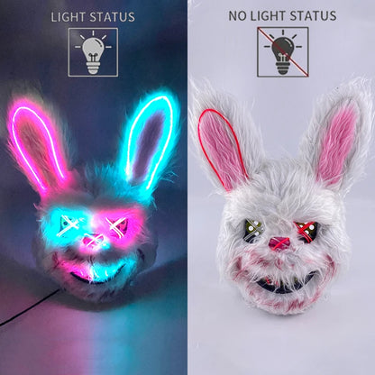 LED Glowing Cosplay Bloody Rabbit Mask Halloween Scary Killer Bloody Bunny Bear Headgear Carnival Masquerade Horror Costume Prop