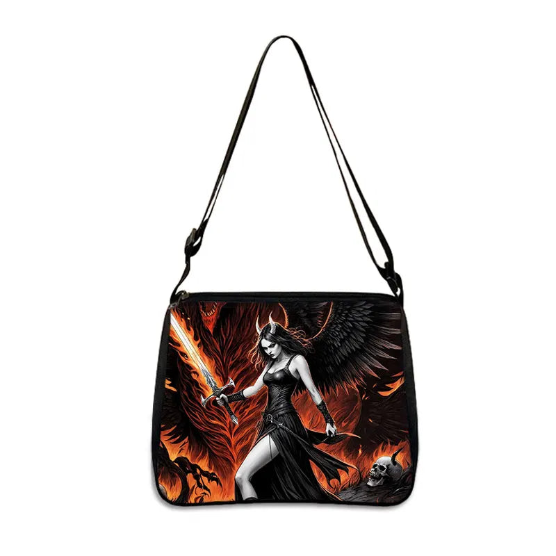 Gothic Black Angel Pattern Women Shoulder Bag Demon Punk Handbags for Travel Key Purse Phone Holder Messenger Bag Crossbody Bag