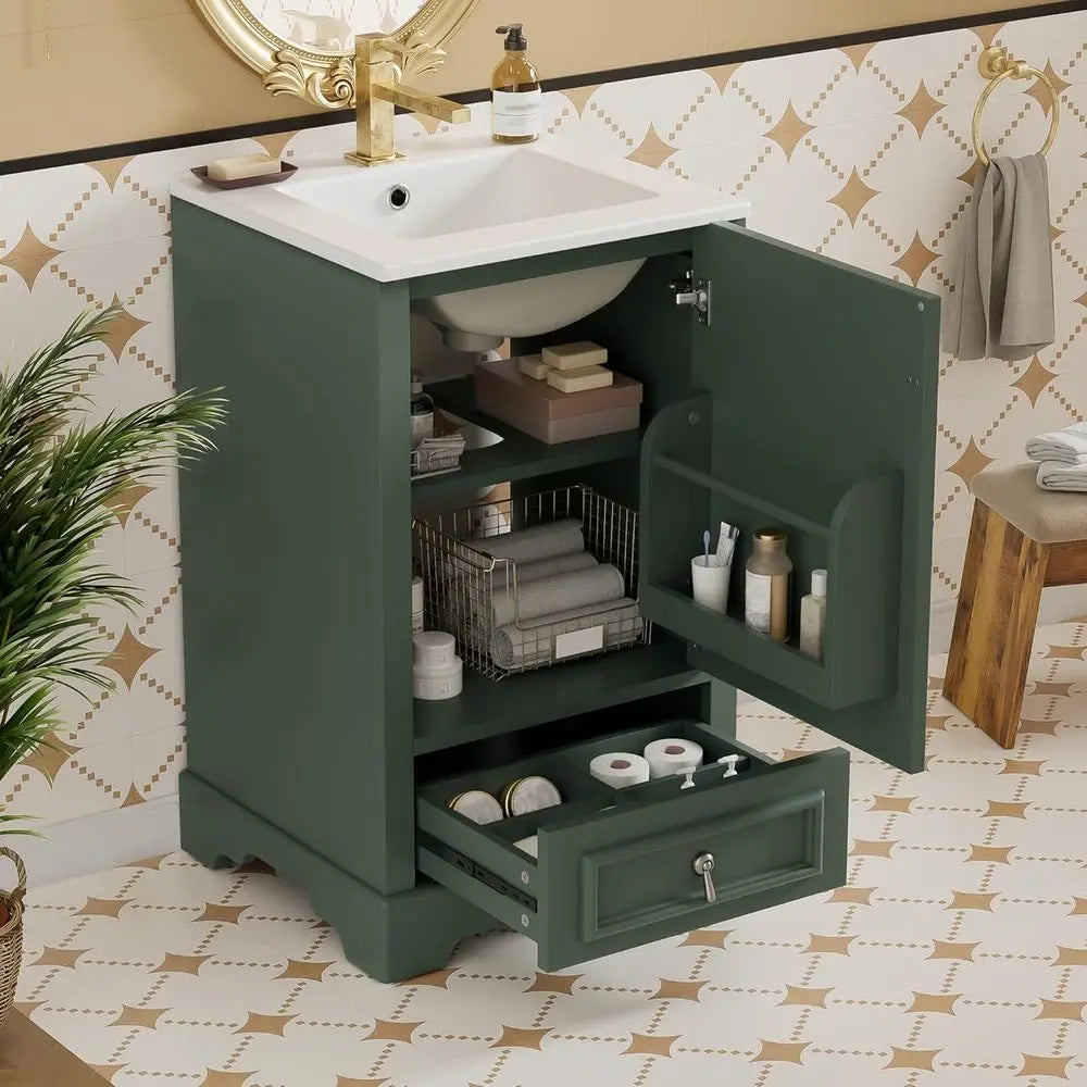 20 Inch Green Single Sink Vanity with Ceramic Sink and Storage Cabinet with Soft-Close Door and Adjustable U-Shaped Shelving