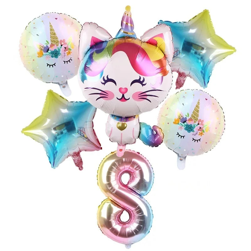 Rainbow Unicorn Cat Gradient Balloon Set (6pcs) – Birthday Party Decorations