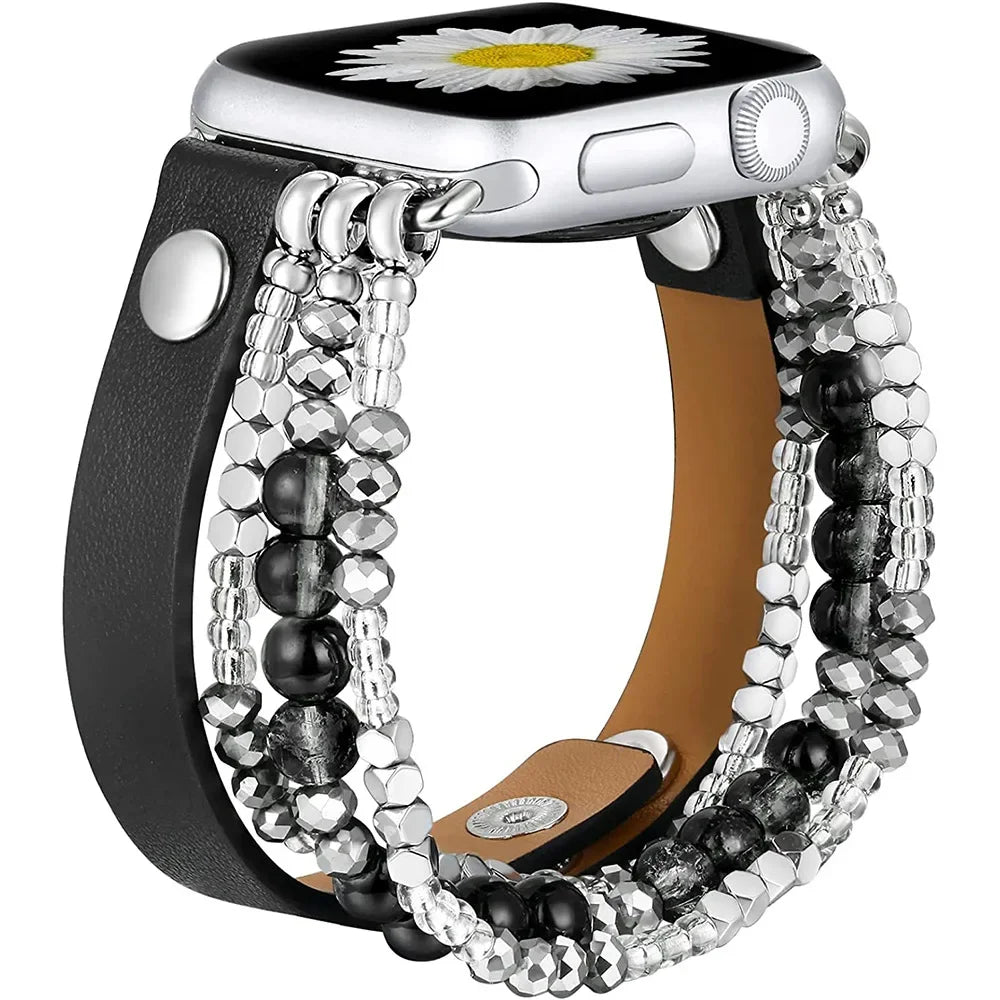 Leather Strap For Apple Watch Ultra 2 Band 49mm 40mm 46mm 41mm Women Elastic Beaded Bracelet Iwatch Series 10 9 8 7 6 SE 5 45mm