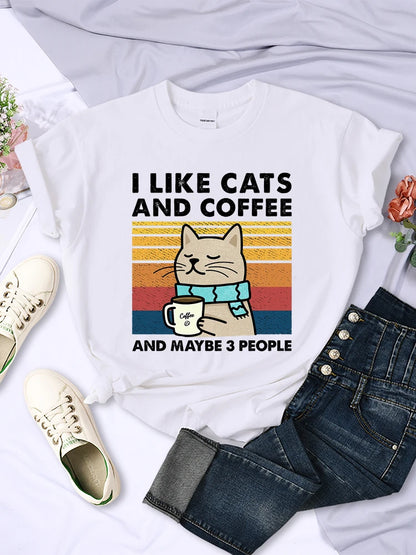 Women's I Like Cats And Coffee Printed T Shirt   Casual Short Sleeve Breathable