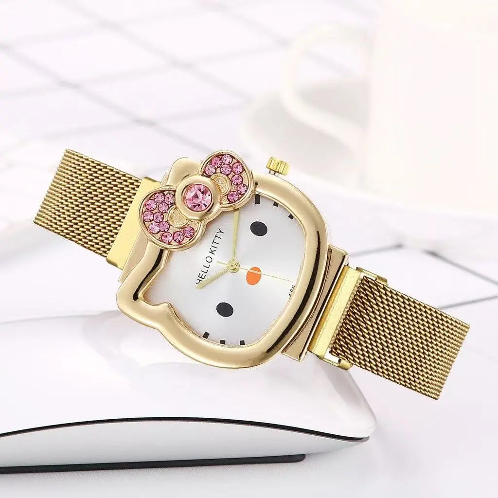 Anime Sanrio Hello Kitty Diamond Watch Kt Cat Kawaii Pink Ladies Gold Sliver Metal Jewelry Cartoon Magnetic Watch Birthday Gifts