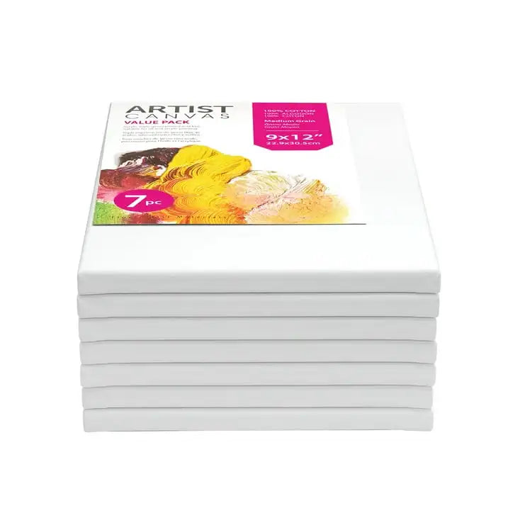 Studio Stretched Canvas, 9"X12", 7 Pack, 100% Cotton Acid Free, White, Academic Canvas, For All Skill Levels