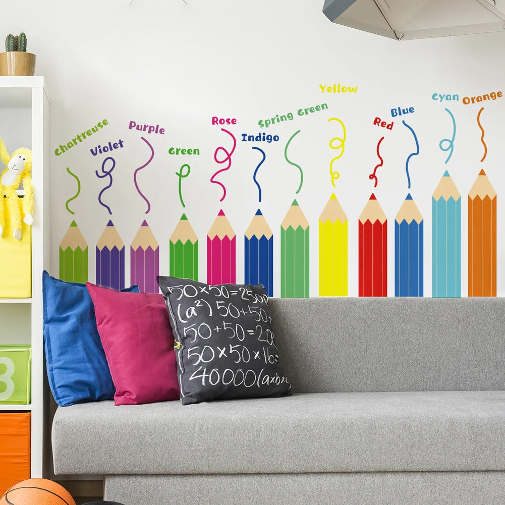 Cartoon Rainbow Crayon Wall Stickers Kids Room Bedroom Background Decoration Wallpaper Home Decor Self Adhesive Nursery Decals