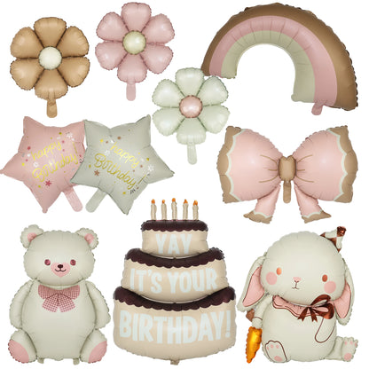 Happy Birthday Animal Foil Ballo﻿ Cute Matte on Bear Rainbow Bow Dinosaur Candy Balloon Design