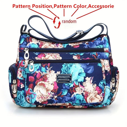 Floral Print Crossbody Bag, Trendy Nylon Shoulder Bag, Women's Multi Layer Messenger Bag For Travel