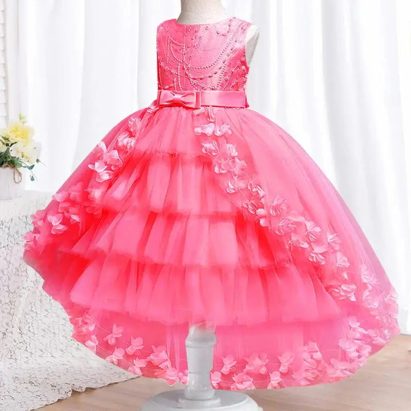 Party Embroidered Sticker Tailcoat Flower Girl Birthday Party 3-12  Sequin Dress
