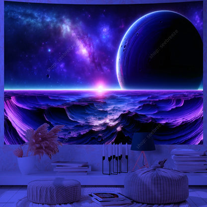 Galaxy Space Landscape UV Reactive Tapestry Trippy Planet Mountain River Neon Art Wall Tapestries for Bedroom Dorm Party Decor