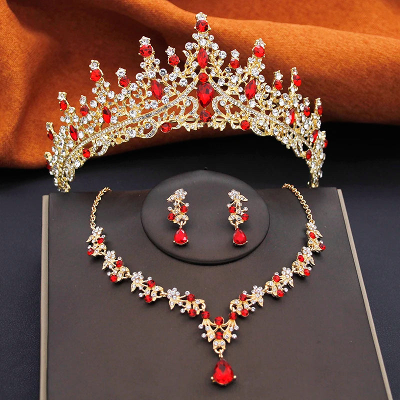 Elegant Party Birthday Bridal Wedding Crown Tiaras and Necklace Earrings 3 pcs Sets