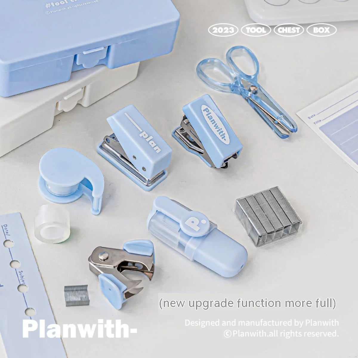 Stationery  Stapler, Scissors, Tape, Marking Pen, Punching Machine,Nail Remover 8Pcs Set