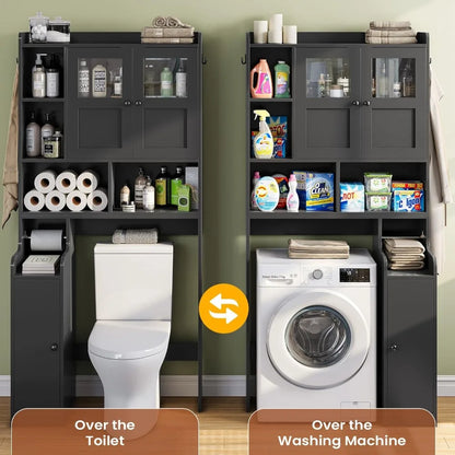 Over Toilet Storage Cabinet with Glass Doors & Paper Holder, Space-Saving Bathroom Organizer Rack for Home Restroom Laundry