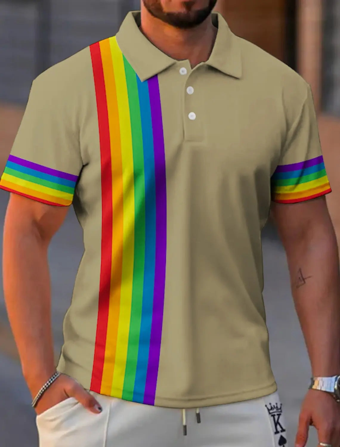 Men’s Rainbow Graphic Polo – Button‑Up Short Sleeve Shirt
