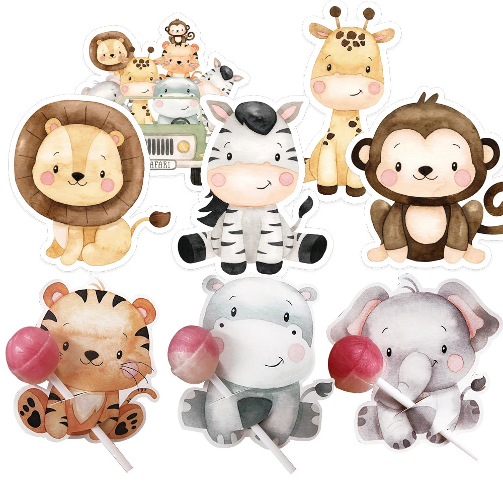48pcs Wild Animal Lollipop Cards Carton Candy Holder For Kids Wild Forest Happy Birthday Party Candy Gift Accessories Supplies