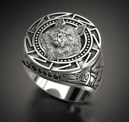 Retro 925 Sterling SilverTotem Thai Warrior Wolf Head Men's Ring