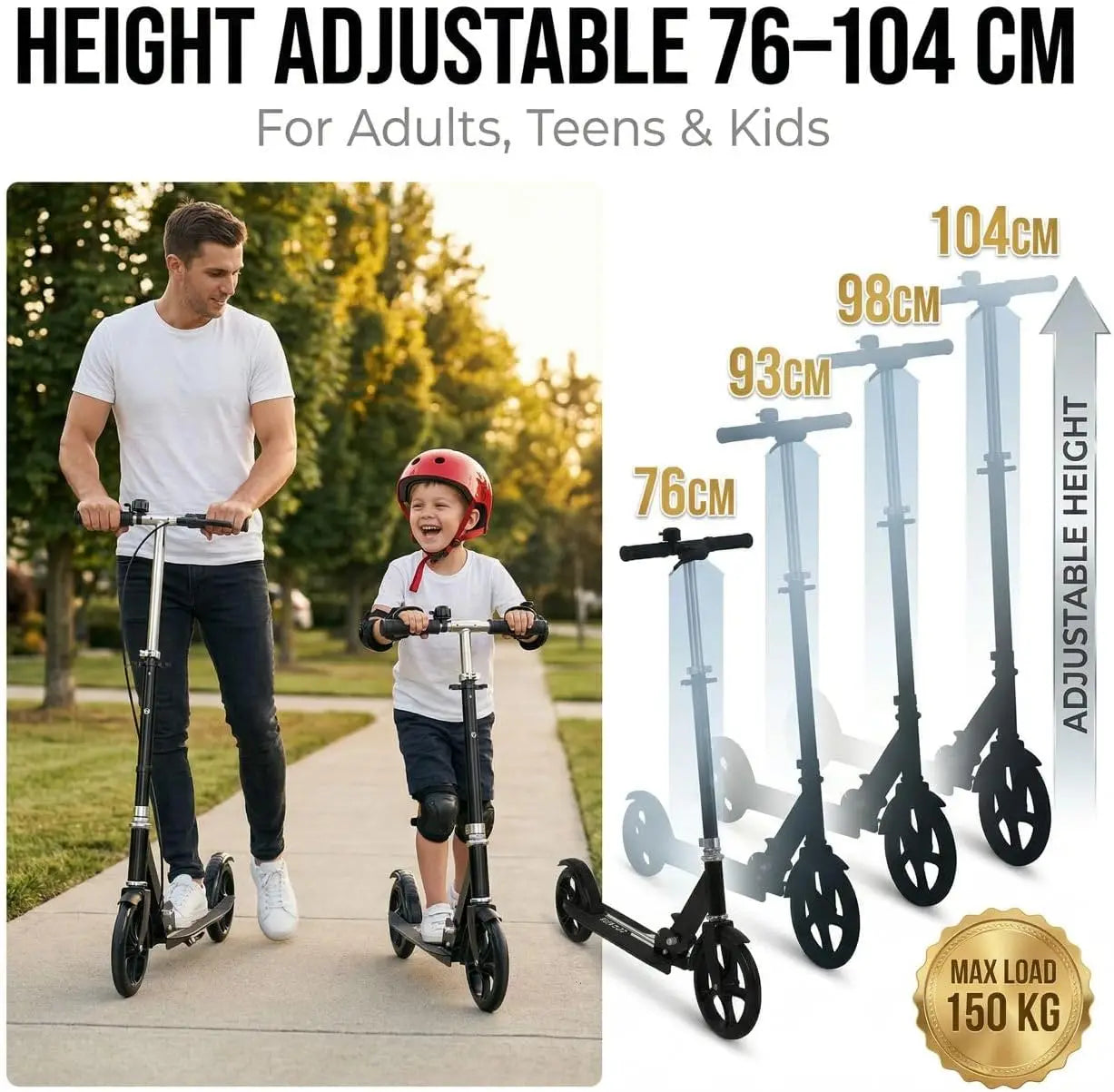 Foldable Scooter for Kids Teens Adults - Adjustable Height, Hand Brake, 220 LB Capacity