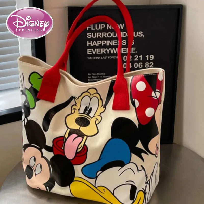 DisneyCartoon Mickey Fashion Versatile LargeCapacity Canvas Shoulder Bag Women's Casual Versatile Tote Bag Student Class Handbag