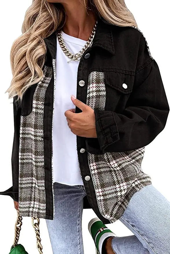 Women’s Long Sleeve Denim Jacket – Punk Plaid Print Button‑Up Irregular Shirt Jacket