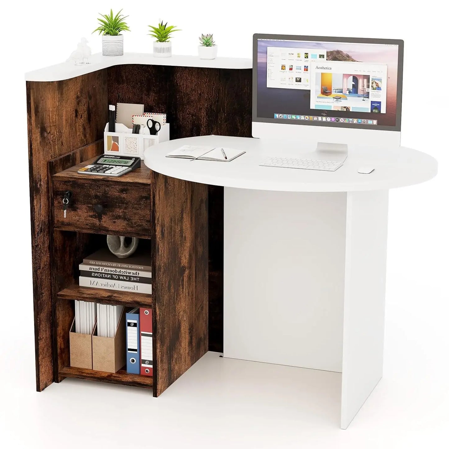 Reception Desk, Small Retail Checkout Counter with Lockable Drawer and Open Shelves, Wooden Computer Workstation, Customized