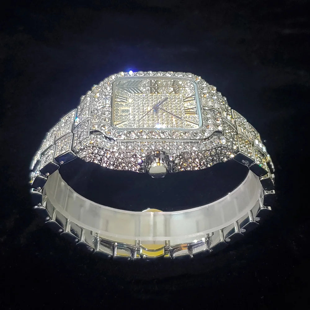 Luxury Diamond Watch for Men Hip Hop Style Bling Bling Iced Out Wristwatch Fashion Square Stainless Steel Waterproof Clock 2024