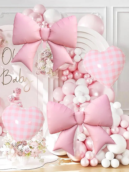 4pcs Pink Bow and Plaid Heart Balloon Set for Birthday , Bridal Gifts, Weddings, Engagements, Anniversaries Decoration