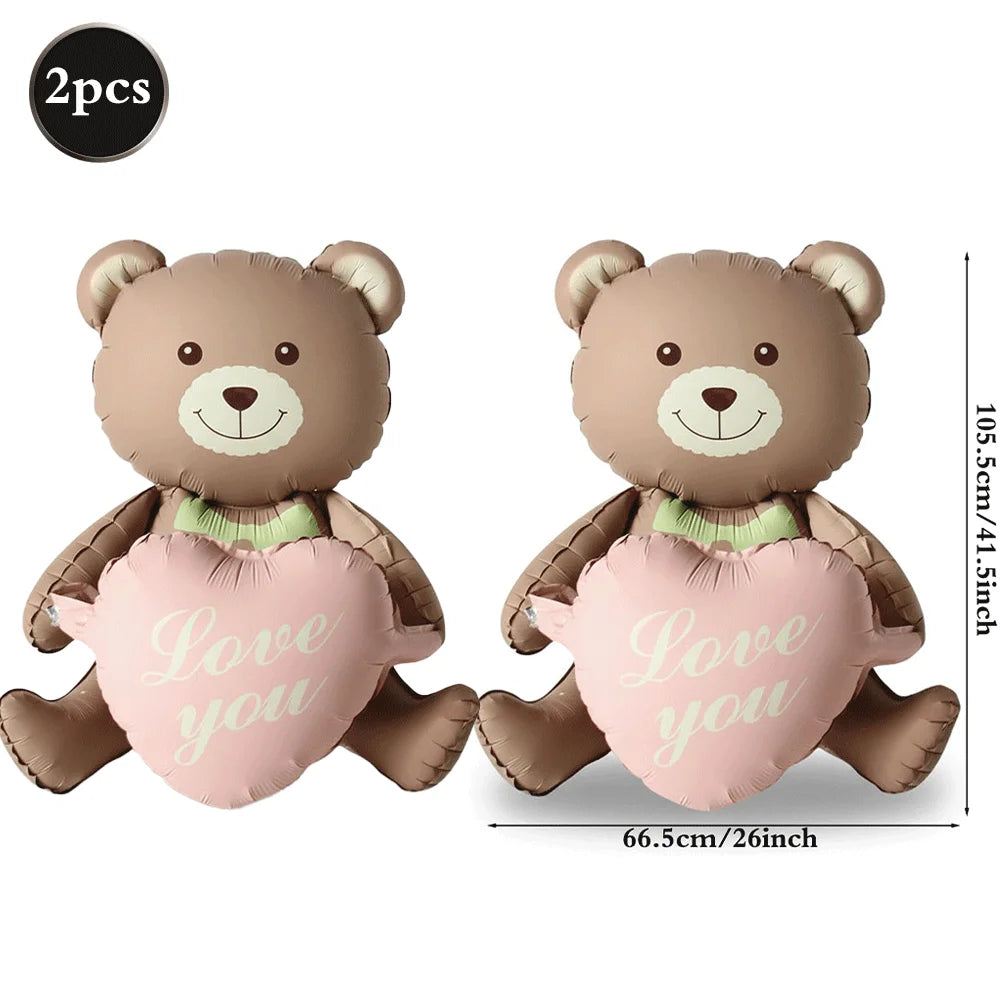 Matte Pink Brown Lying Bear Foil Balloons Love Heart Balloon for Valentines Day Decoration Bear Themed Birthday Wedding Supplies