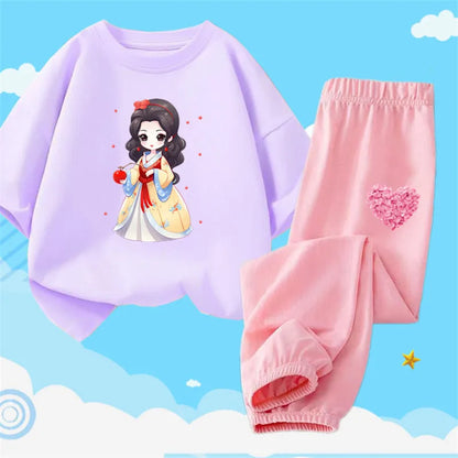 Teens Girls' 2-Piece Fashion Outfit: Princess Short Sleeve T-Shirt and Long Pants Tracksuit Set