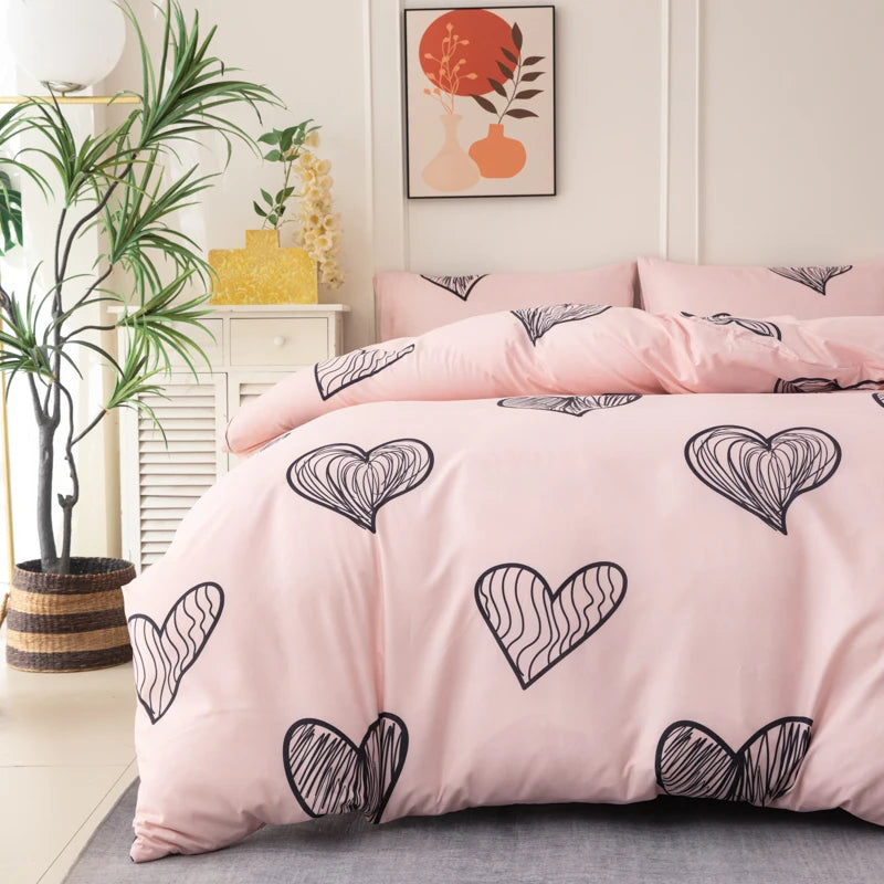 Pink Patterned Printed Duvet Cover Three-Piece Set (2 Pillowcases + 1 Duvet Cover) Polyester Reactive Printed Bedspread 3-Piece Set Ultra-Soft and Comfortable Polyester Breathable Bedding Duvet Set Suitable for Bedrooms and G