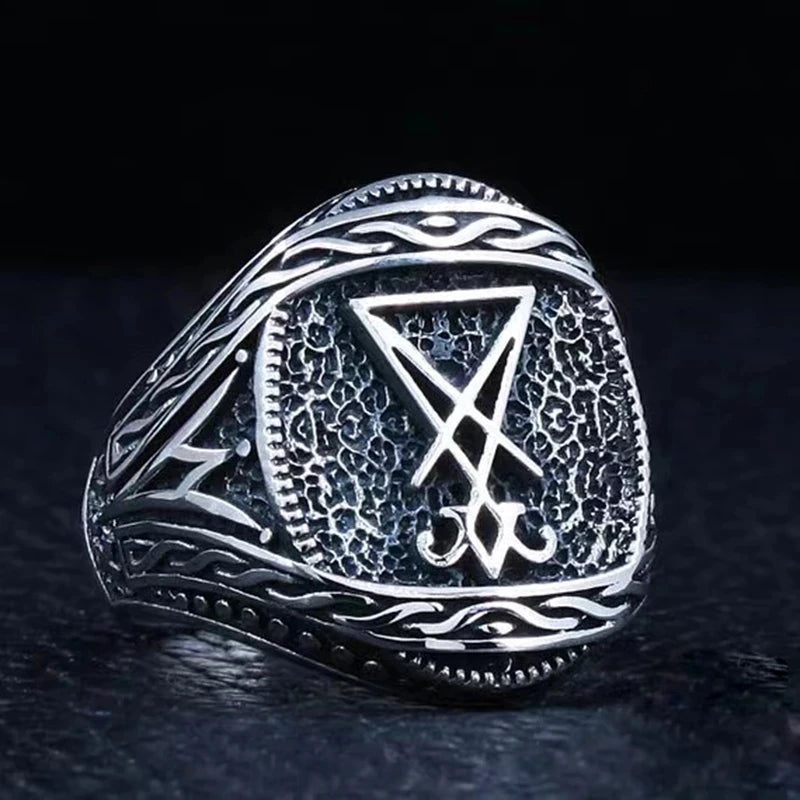 Vintage Lucifer Seal Signet Ring – Gothic Punk 316L Stainless Steel Black Stone