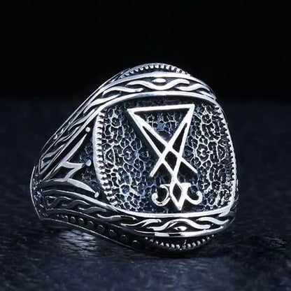 Vintage Lucifer Seal Signet Ring – Gothic Punk 316L Stainless Steel Black Stone