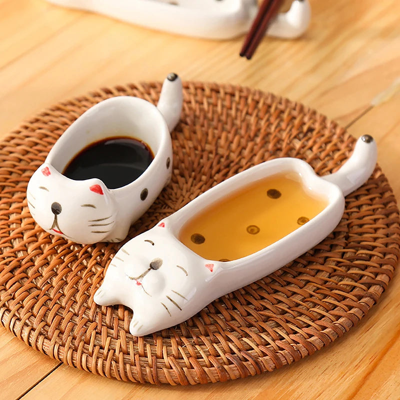 Cartoon Cat / Rabbit Sauce Dishes Ceramic Pot Sauce Dipping Dishes Kitchen Knife And Fork Holder Table Decoration