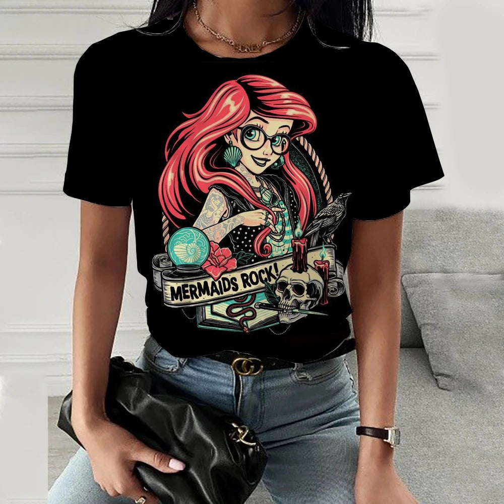 Disney Princess Cartoon Printed Women T-shirt  Short Sleeve Casual Round Neck