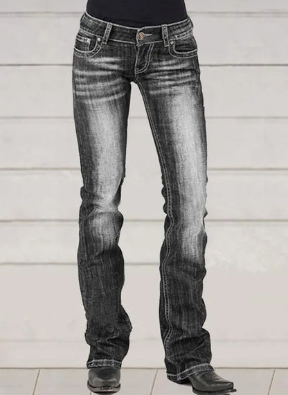 Flare Pants Women Vintage Jeans Embroidery Low Waist Skinny Washed Distressed Streetwear Denims Trousers Floor Length
