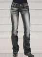 Flare Pants Women Vintage Jeans Embroidery Low Waist Skinny Washed Distressed Streetwear Denims Trousers Floor Length