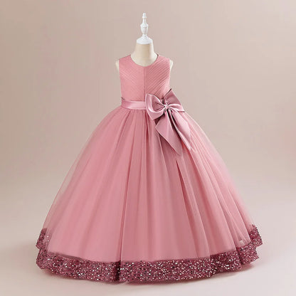 Girls Fluffy Sequin Bridesmaid Princess Elegant Bow Wedding Prom Evening Party Dresses
