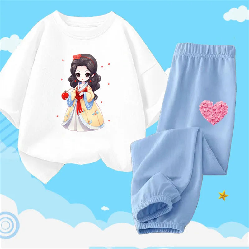 Teens Girls' 2-Piece Fashion Outfit: Princess Short Sleeve T-Shirt and Long Pants Tracksuit Set