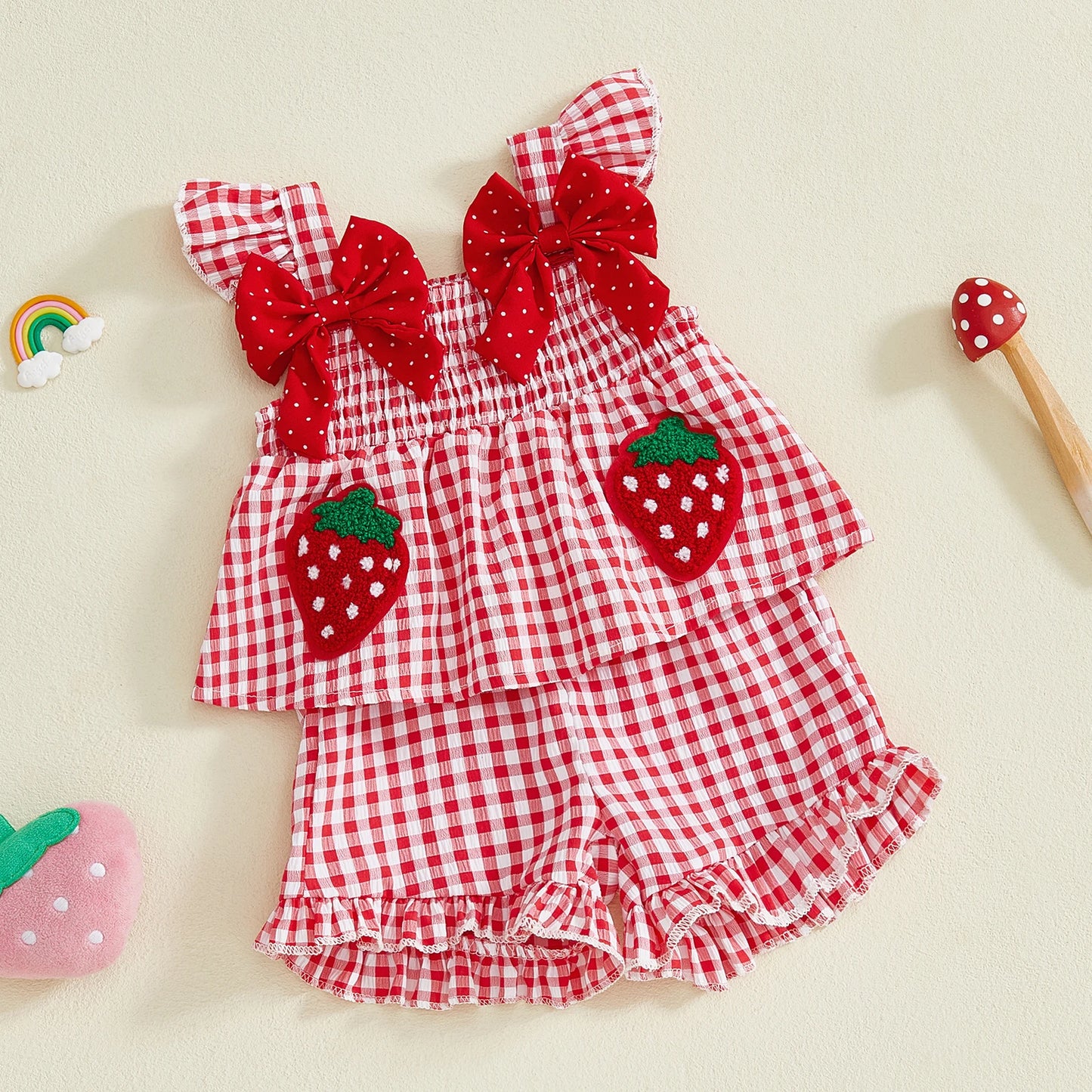 Toddler Baby Girl Summer Clothes Strawberry Outfit Sleeveless Ruffle Tank Top and Red Gingham Plaid Shorts Set 2Pcs