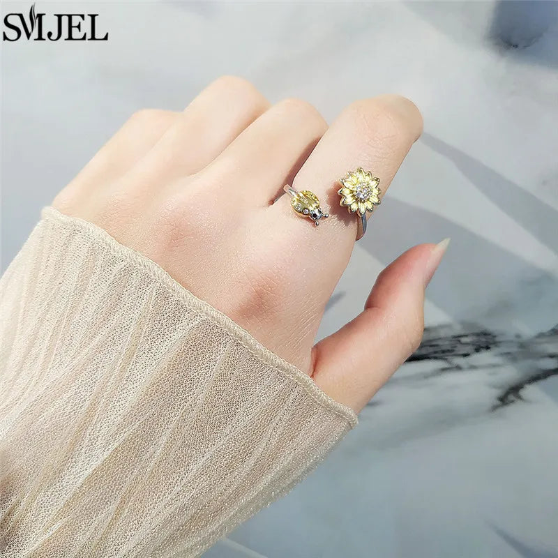 Korean Fashion Daisy Spinner Fidget Ring Multiple Style Sunflower Rose Snowflake Rotate Freely Anti Stress Anxiety Rings Wedding