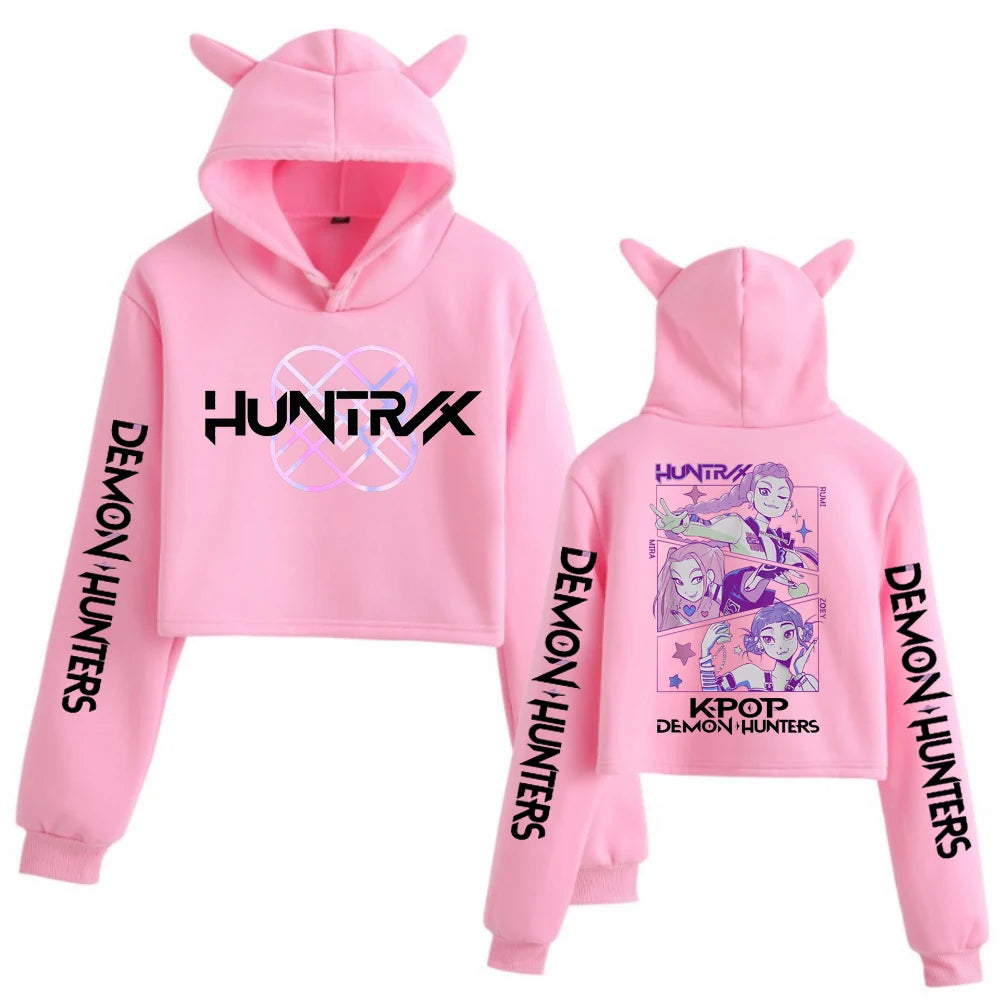 Kpop Demon Hunters Crop Tops Cat Ears Sweatshirt Long Sleeve Girls Fashion Hoodie