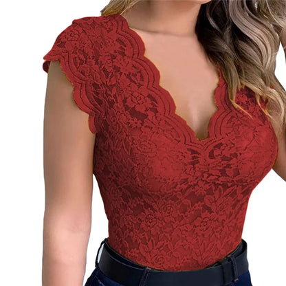 Sexy Lace Deep V Neck Sleeveless Blouse