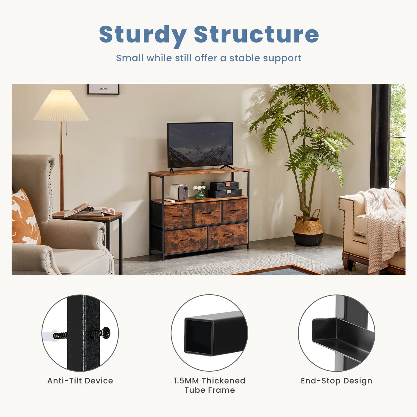 TV Stand Dresser For Bedroom With 5 Fabric Drawers Storage JHK