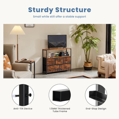 TV Stand Dresser For Bedroom With 5 Fabric Drawers Storage JHK