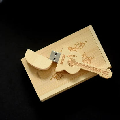 Wooden Guitar USB2.0 Flash Drive 4G 8G 16G 32G 64GB 128G Comes With Key Chain Gifts Pen Drives Box Memory Stick