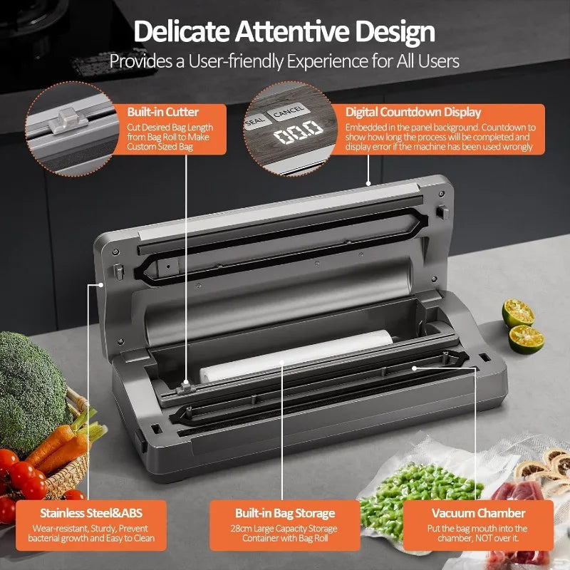 Vacuum Sealer, 90kPa 120W Wide Seal All-in-One Strong Food Storage with Built-in Cutter | 2 Roll Bags and 5 Pre-cut Bags