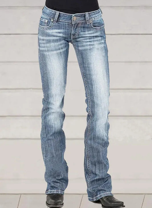 Flare Pants Women 2025 Vintage Jeans Embroidery Low Waist Skinny Washed Distressed Streetwear Denims Trousers Floor Length