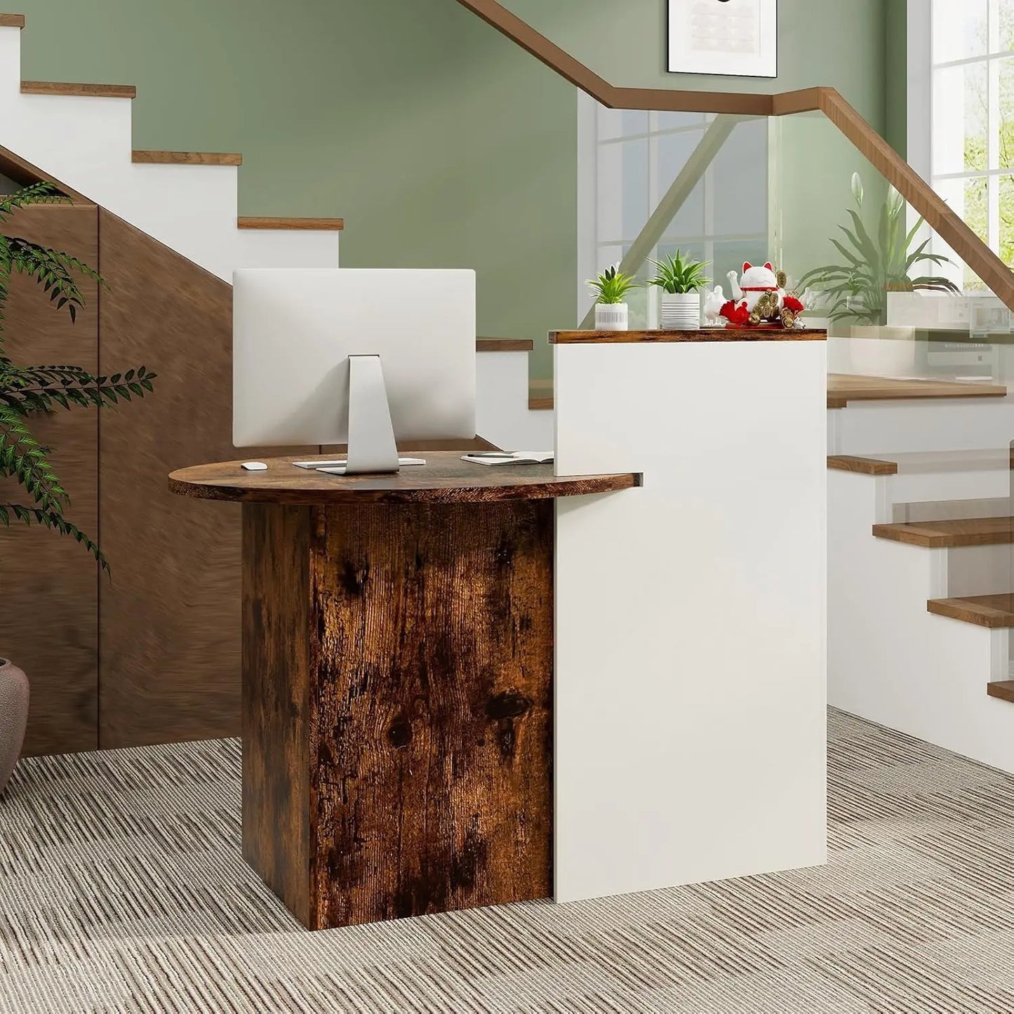 Reception Desk, Small Retail Checkout Counter with Lockable Drawer and Open Shelves, Wooden Computer Workstation, Customized